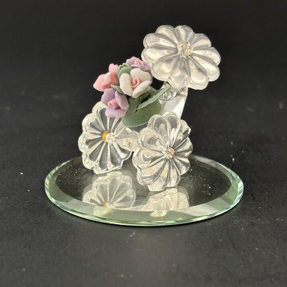 Vintage Crystal Flower Cart Figurine Mirrored Base Crystal de Lites Made USA